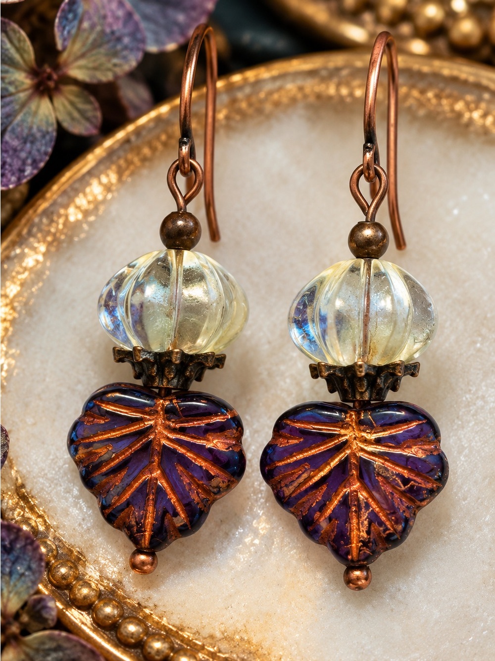Aubergine Blue Czech Glass Leaf & Melon Bead Copper Earrings